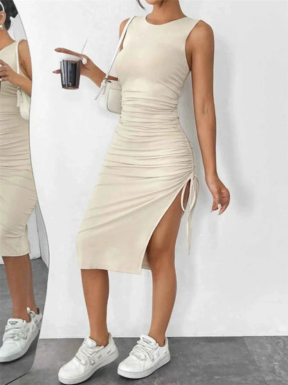 Sleeveless Ruched Bodycon Midi Dress with Side Drawstring