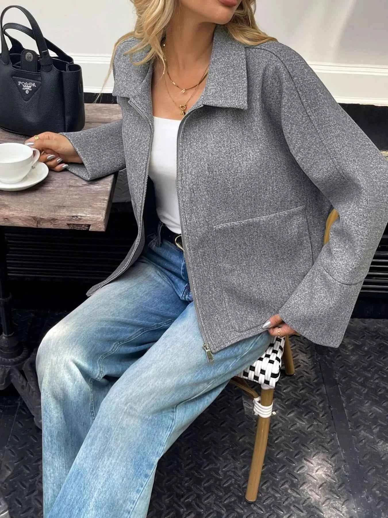 Oversized Collared Neck Zip-Up Jacket