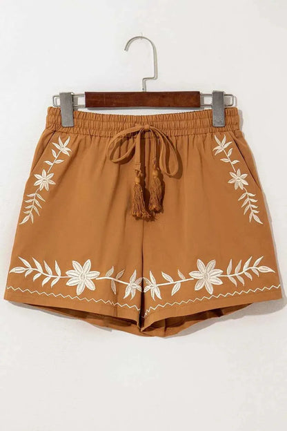 Embroidered Boho Tasseled Drawstring Elastic Waist Casual Shorts