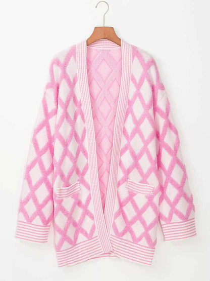 Rhombus Pattern Knit Open Front Pocketed Cardigans