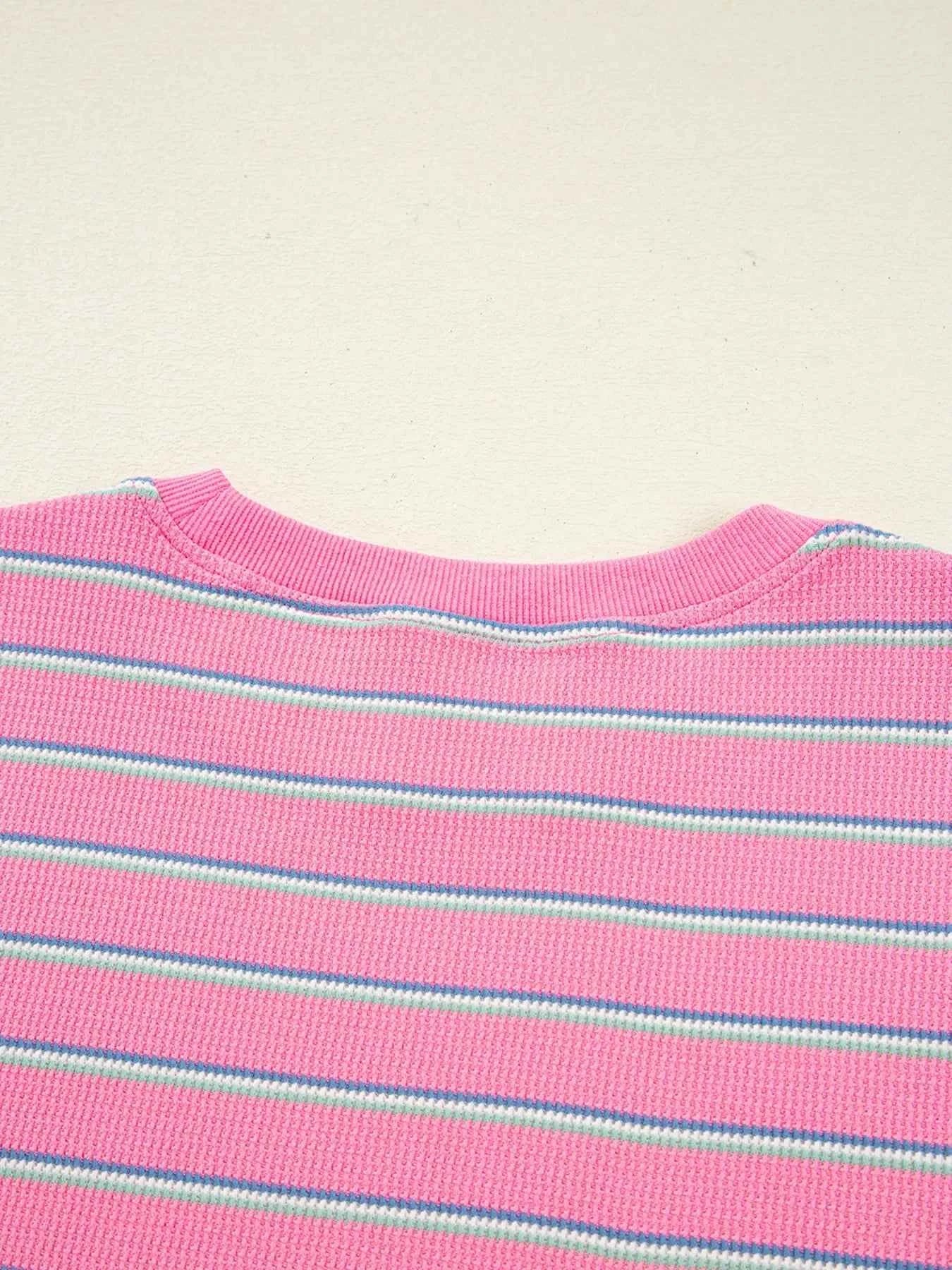 Stripe Textured Knit Round Neck Puff Sleeve Top
