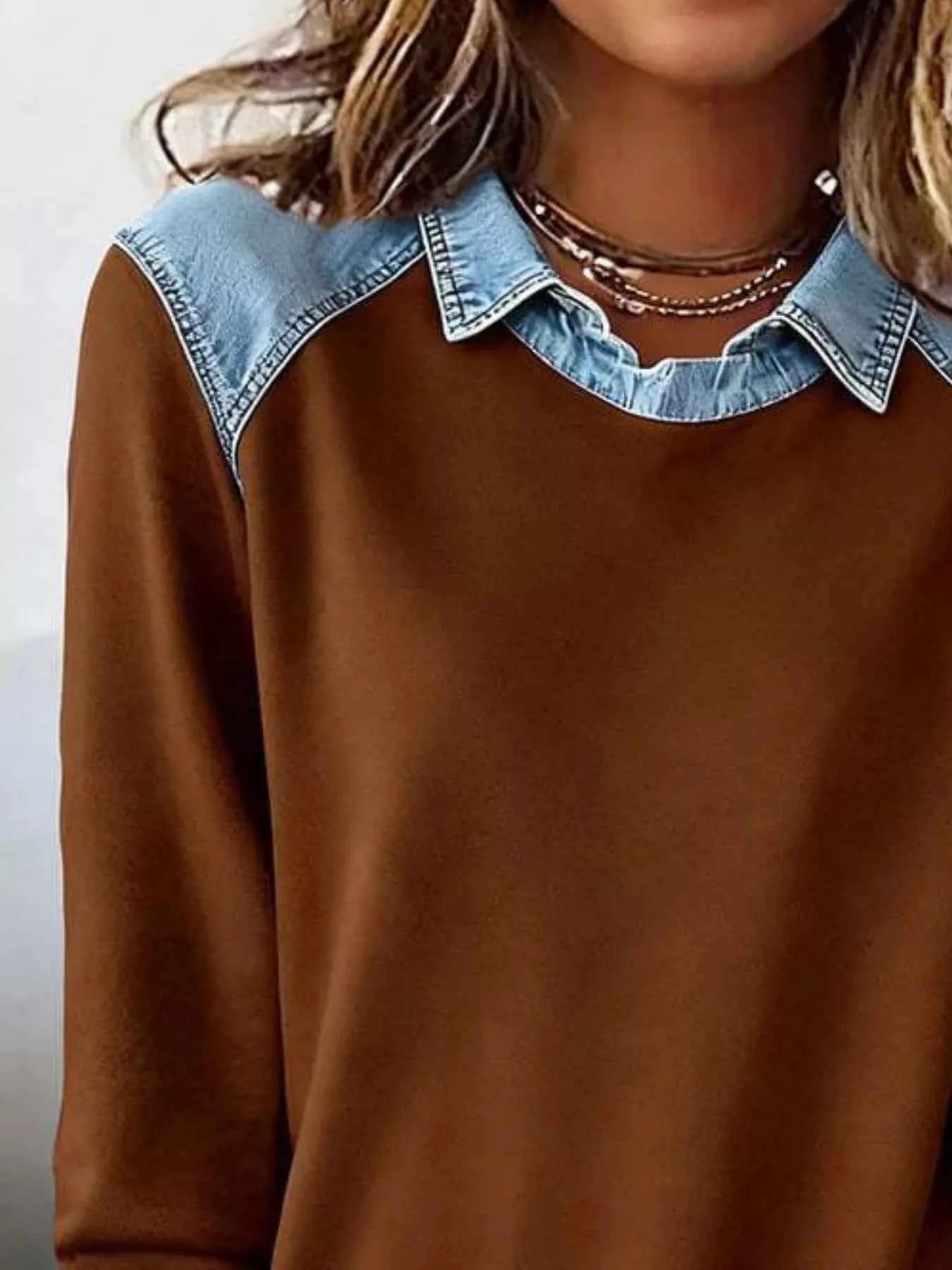 Full Size Denim Trim Long Sleeve Top Plus Size