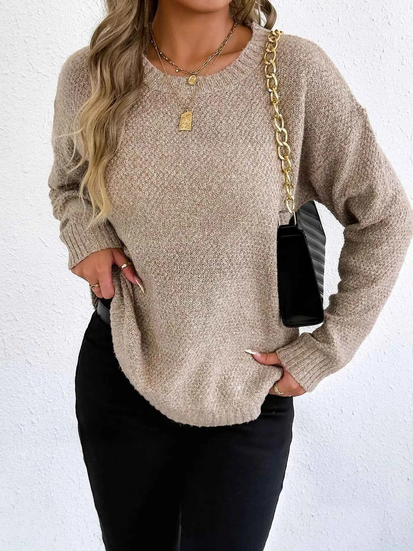 Textured Knit Relaxed Fit Round Neck Sweater