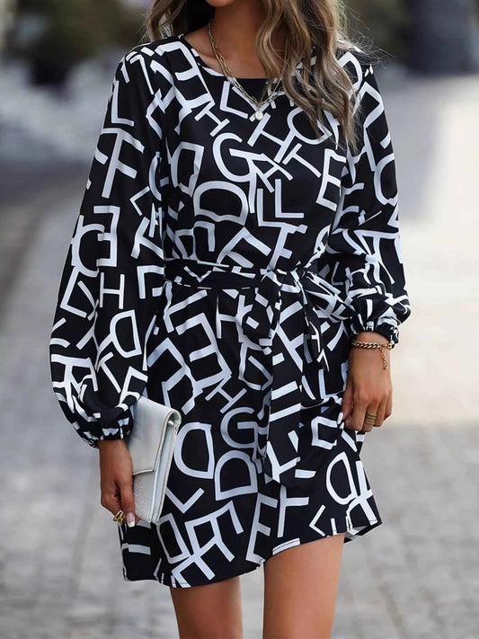 Letter Print Balloon Sleeve Dress