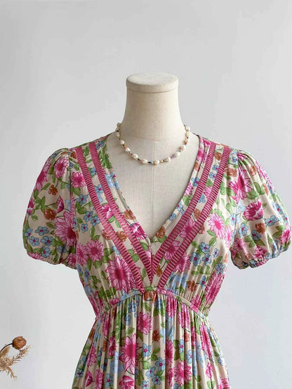 Floral Print V-Neck Puff Sleeve Dress