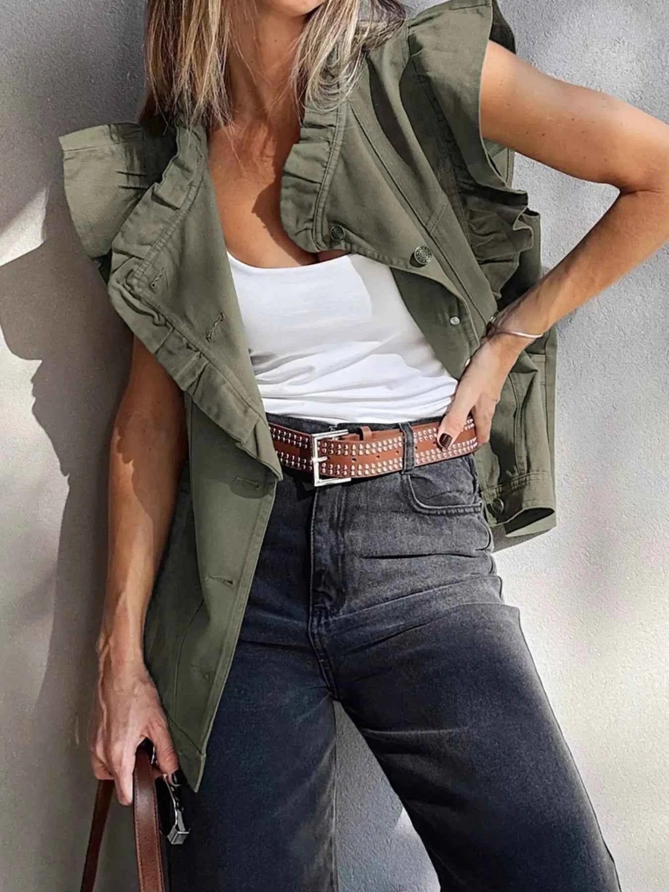 Ruffled Patchwork Denim Jacket Vest