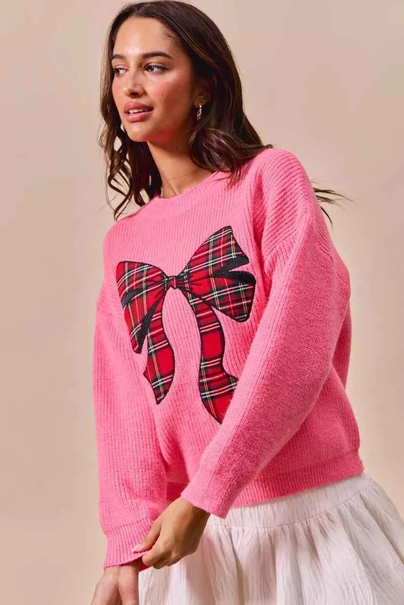 SO ME Checker Plaid Ribbon Christmas Holiday Sweater