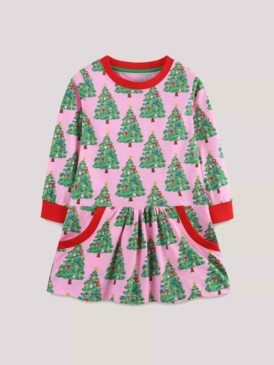 Children's Christmas Tree Print Long Sleeve Dress
