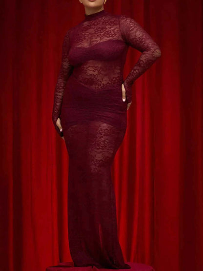 Lace Sheer Mock Neck Long Sleeve Maxi Dress