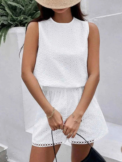 Eyelet Round Neck Top and Shorts Set