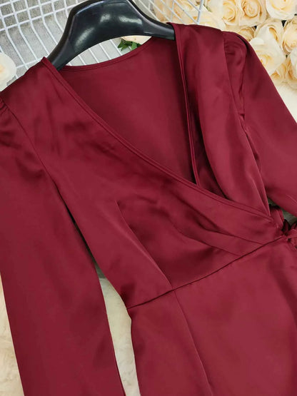 Surplice Satin Long Sleeve Dress