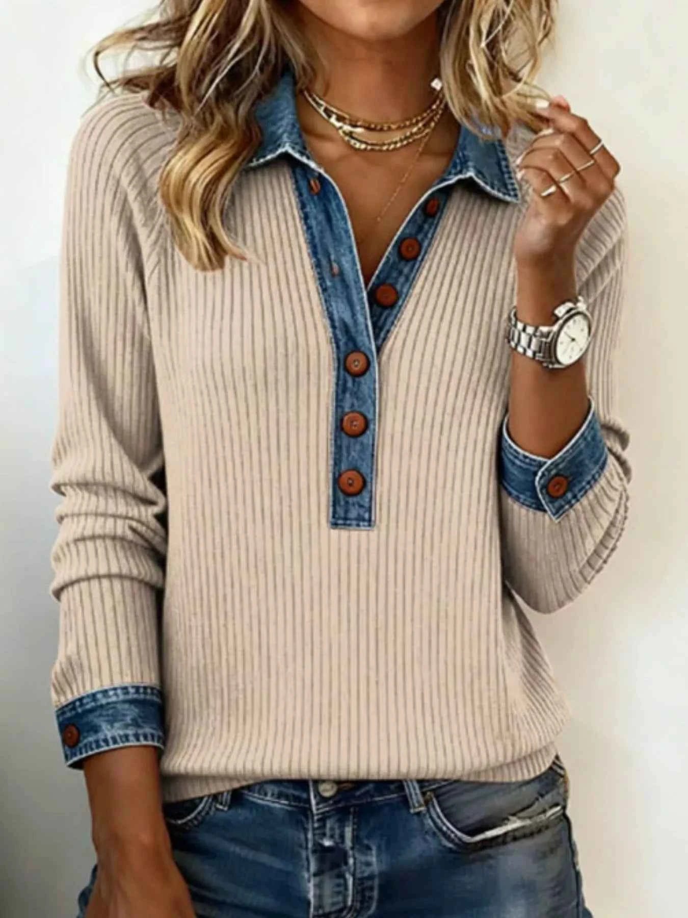 Full Size Denim Trim Button Front Ribbed Knit Top Plus Size