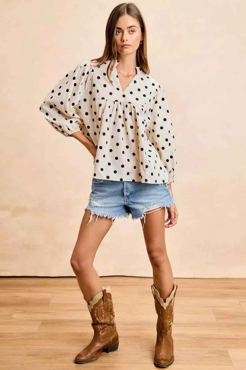 BiBi Polka Dot Corduroy Quarter Sleeves V Neck Blouse