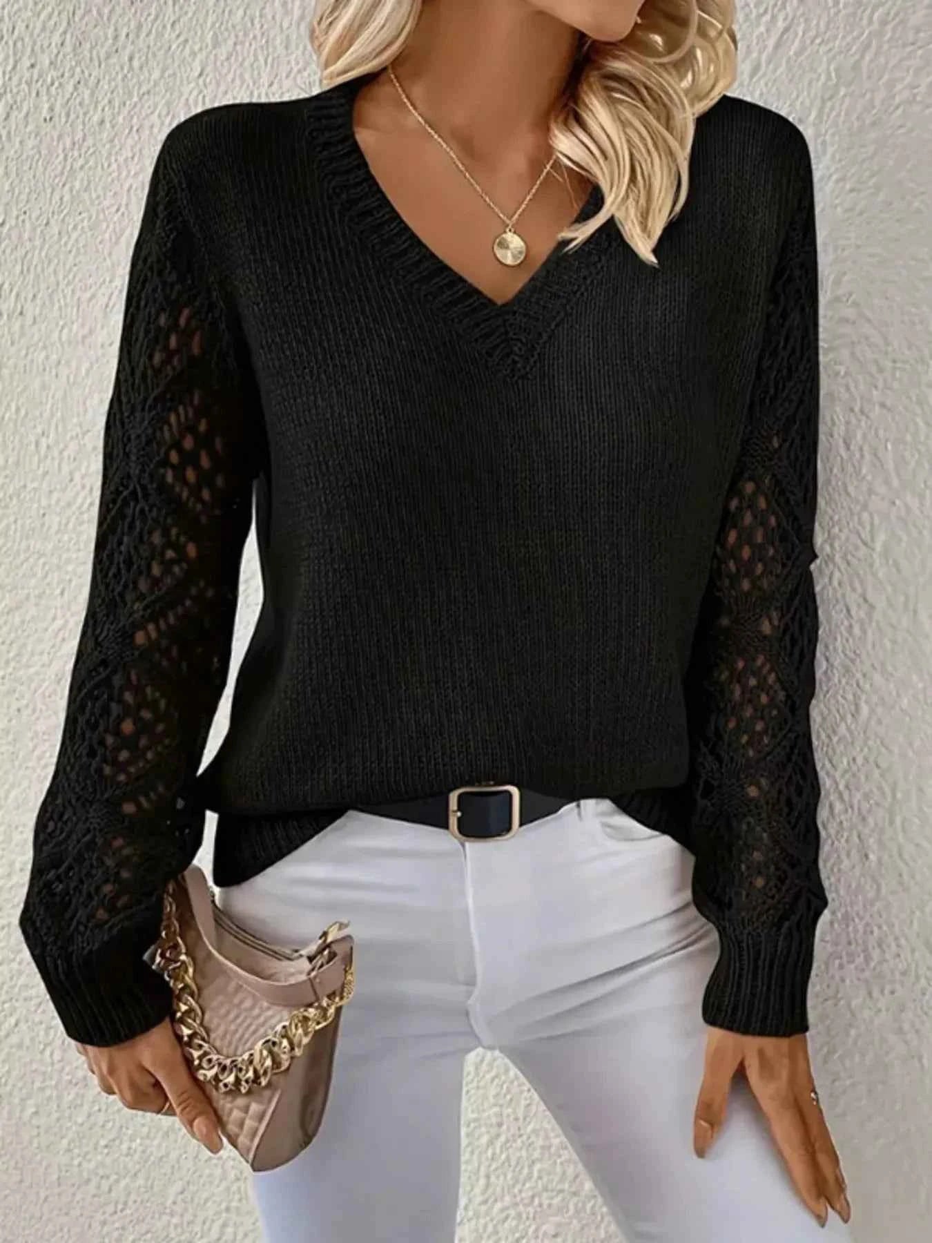 Openwork V-Neck Long Sleeve Sweater