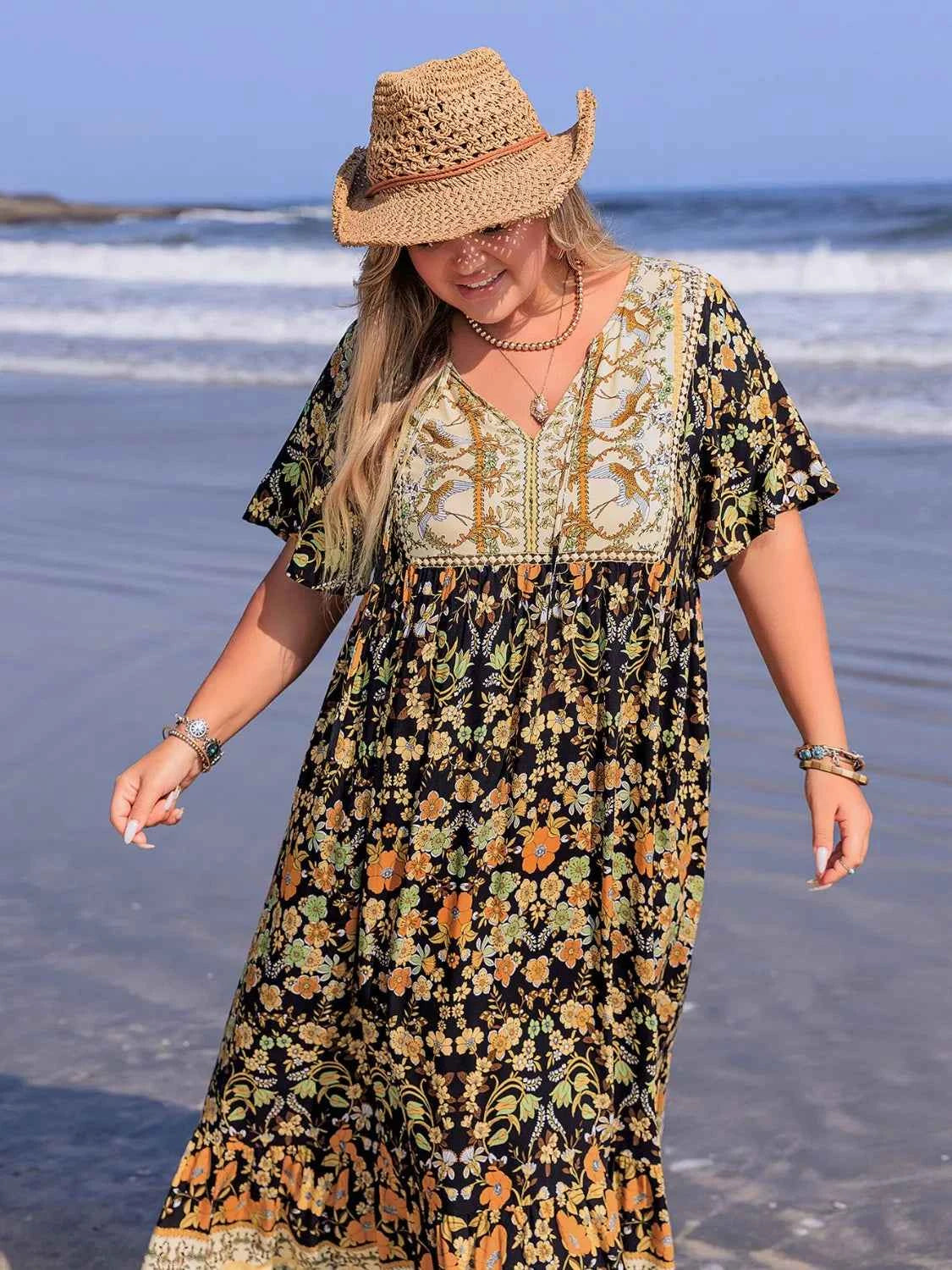 Plus Size Bohemian Floral Tiered Maxi Dress