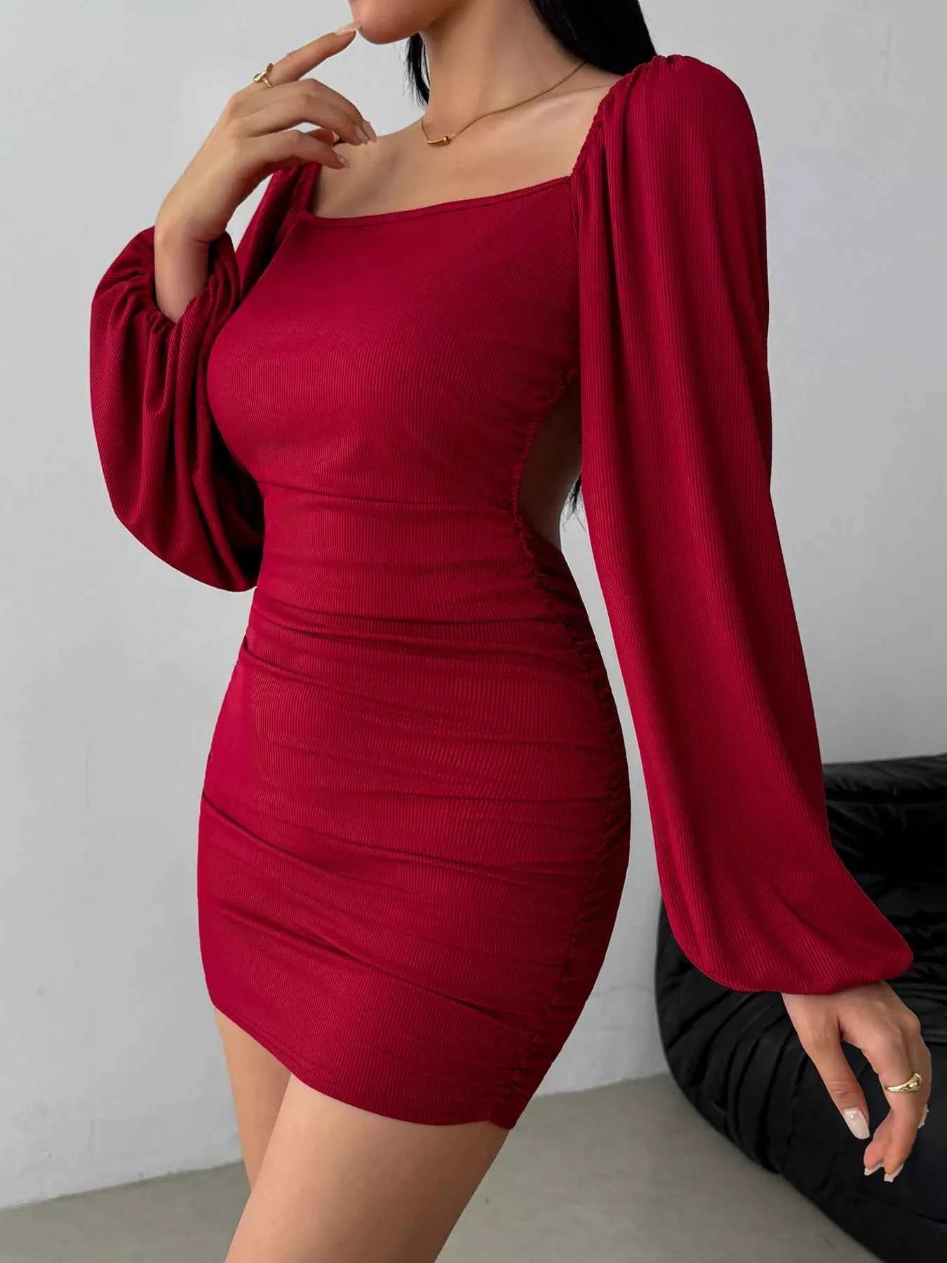 Backless Square Neck Long Sleeve Dress