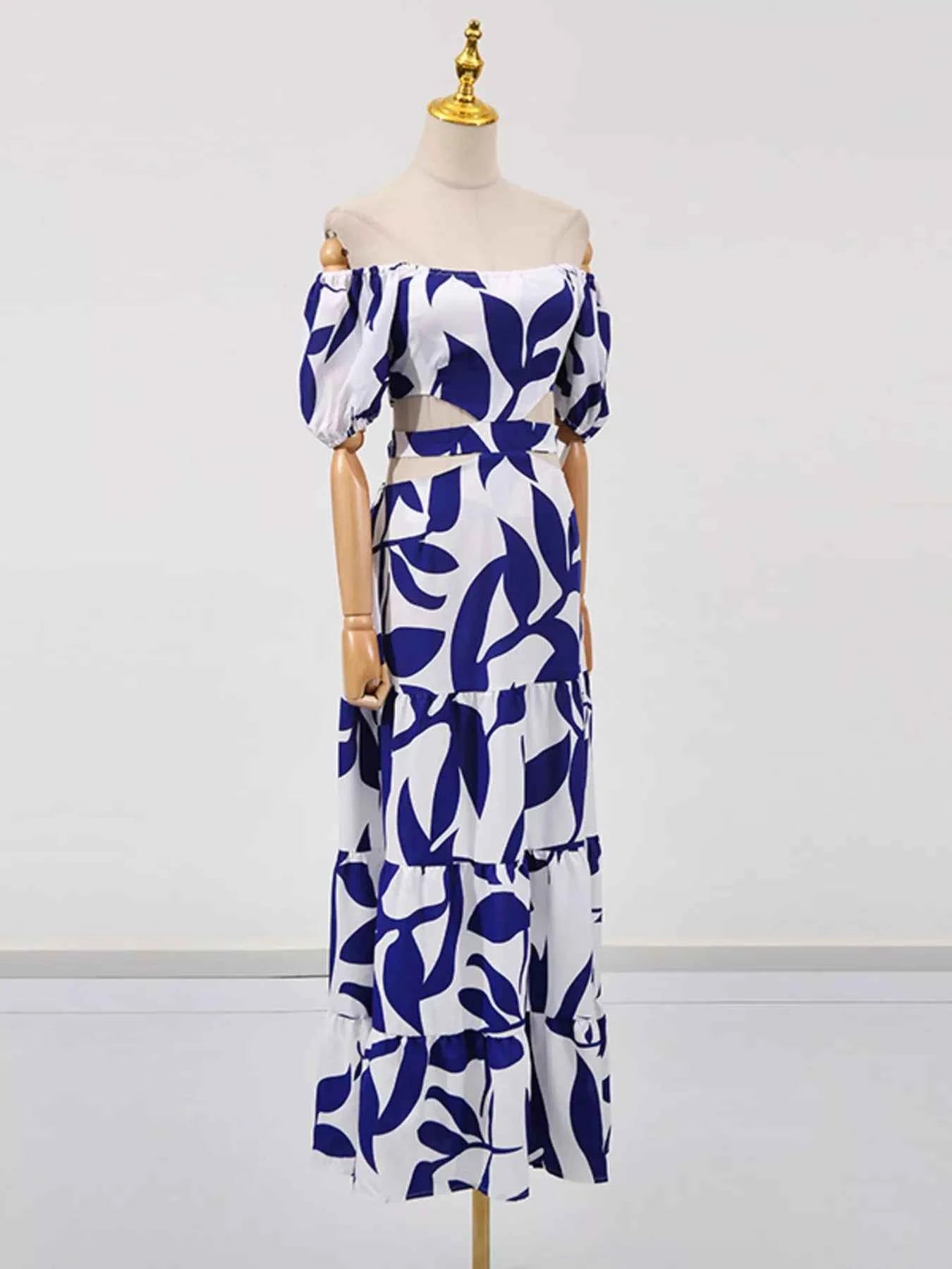 Off-Shoulder Cutout Leaf Print Maxi Dress