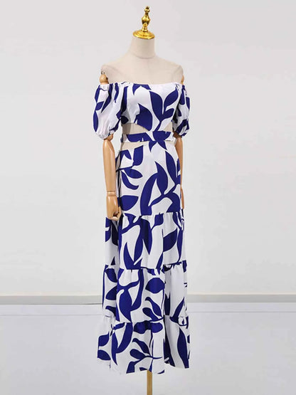 Off-Shoulder Cutout Leaf Print Maxi Dress