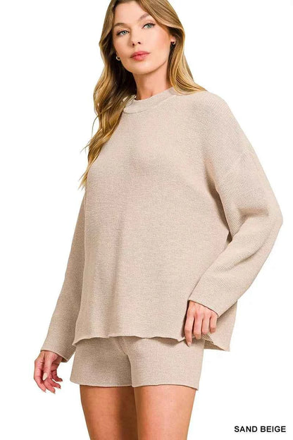 Zenana Round Neck Knit Top and Shorts Sweater Set
