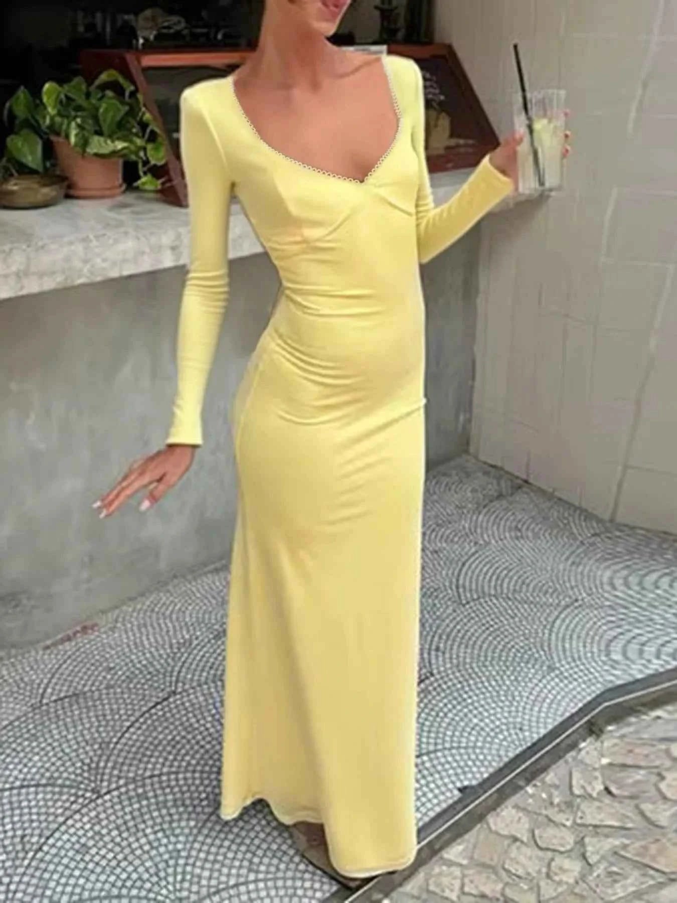 Deep-V Long Sleeve Slim Maxi Dress