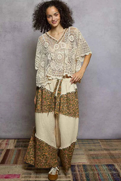 POL V-Neck Crochet Top with Scalloped Hem