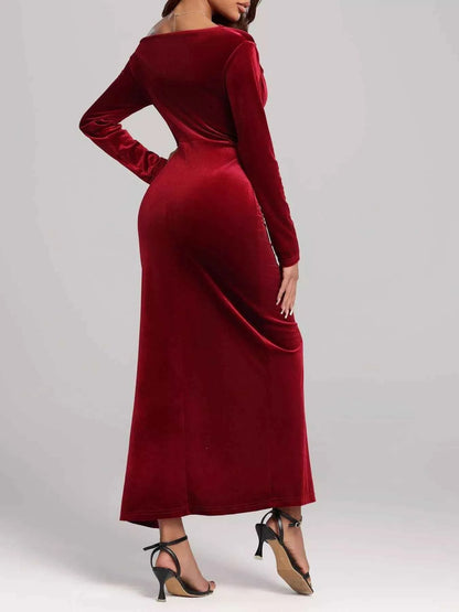 Ruched Velvet Long Sleeve Slit Dress