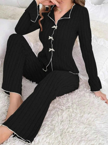 Ribbed Bow Front Top and Pants Lounge Set
