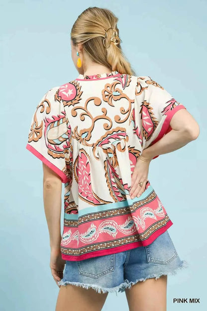 Umgee Mix Paisley Border Print Tassel Top