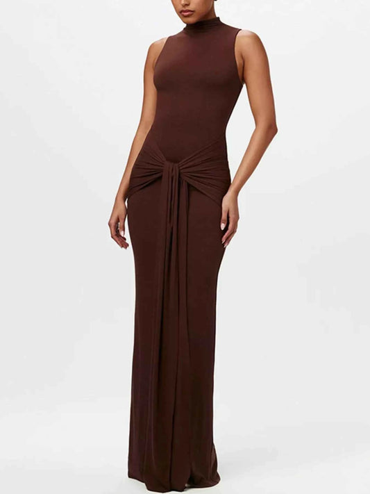 Sleeveless Mock Neck Knot Front Maxi Dress