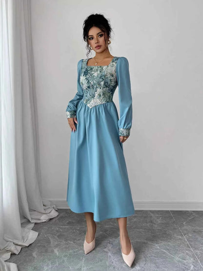 Floral Square Neck Lantern Sleeve Dress