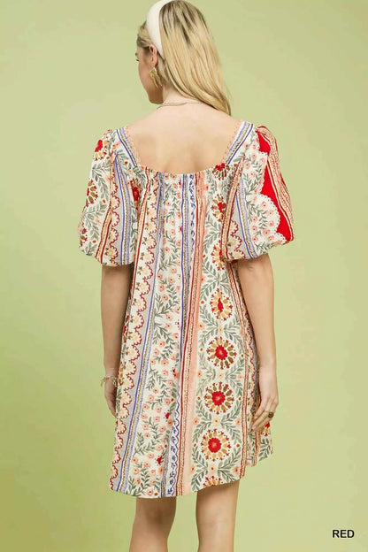 Umgee Mixed Print Puff Sleeve Mini Dress