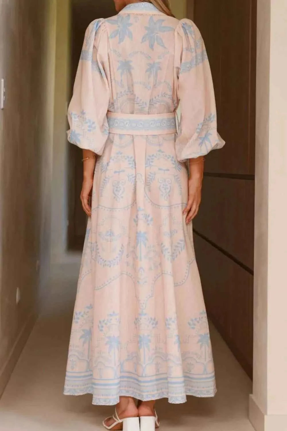 Printed Balloon Sleeve Maxi Shirt Dress