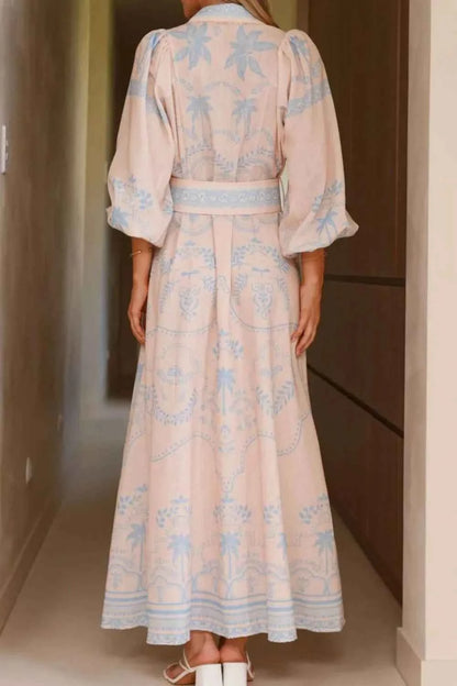 Printed Balloon Sleeve Maxi Shirt Dress