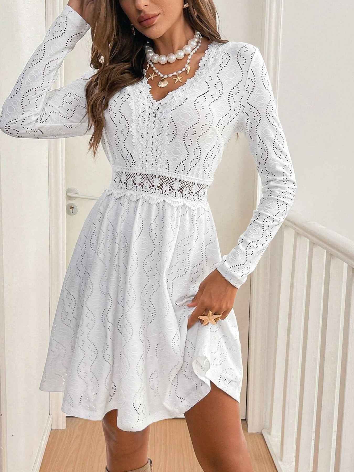 Lace Openwork Long Sleeve V-Neck Dress