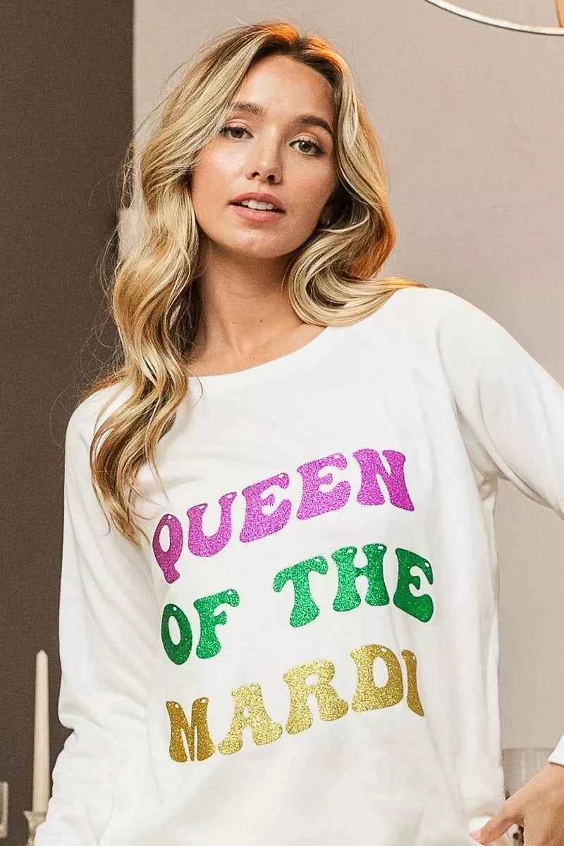 BiBi Queen Of Mardi Glitter Print Mardi Gras Sweatshirt