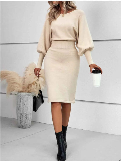 Lantern Sleeve Bodycon Sweater Dress