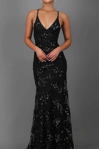 Full Size Sequin Tie Back V-Neck Maxi Dress Plus Size