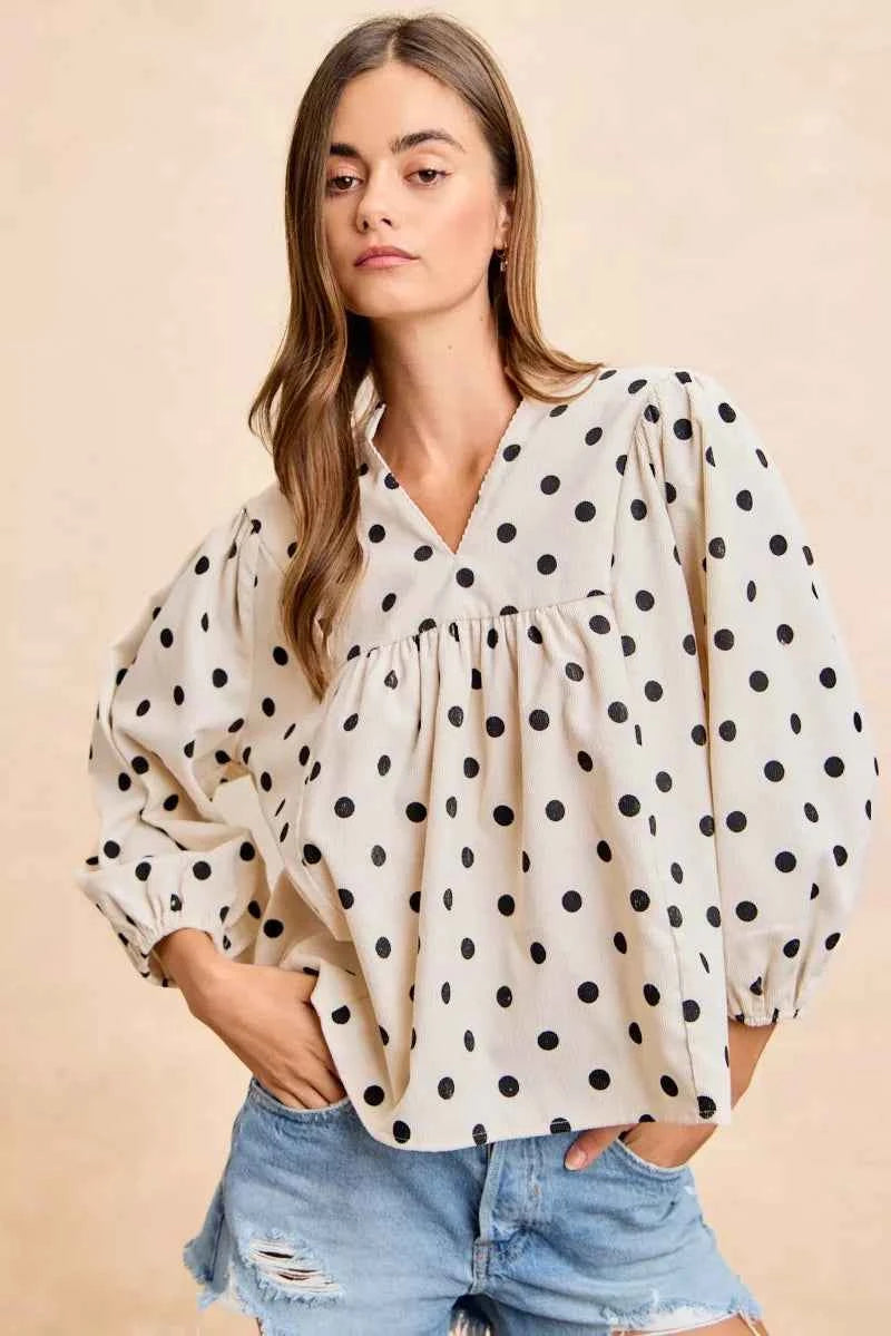 BiBi Polka Dot Corduroy Quarter Sleeves V Neck Blouse