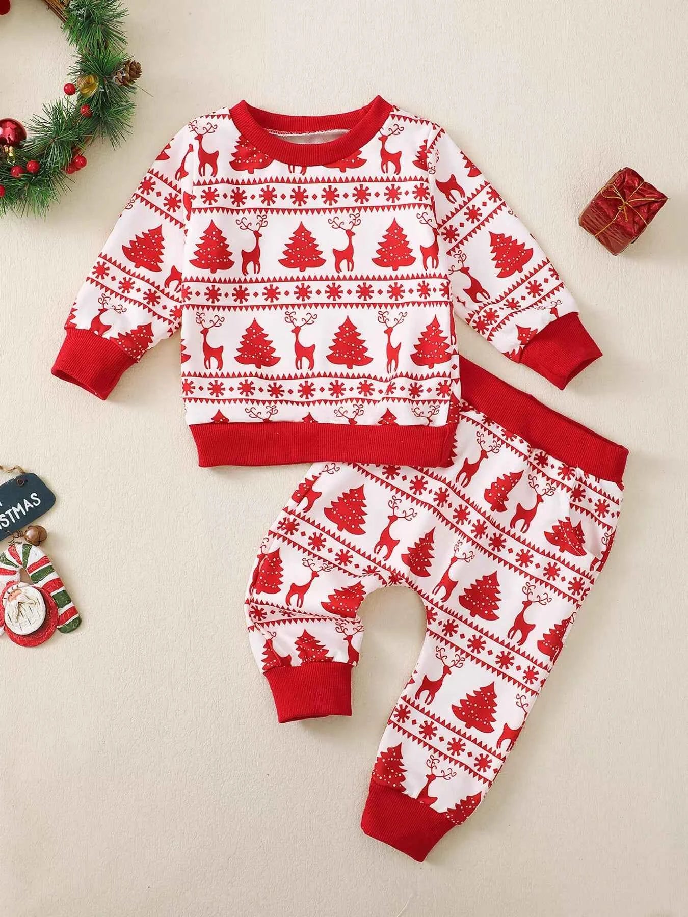 Children's Christmas Reindeer & Tree Print Top and Pants Set