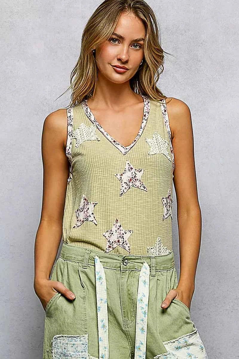 POL Floral Print Star Patch V-Neck Ribbed Tank