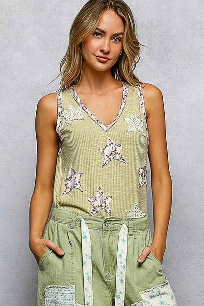POL Floral Print Star Patch V-Neck Ribbed Tank