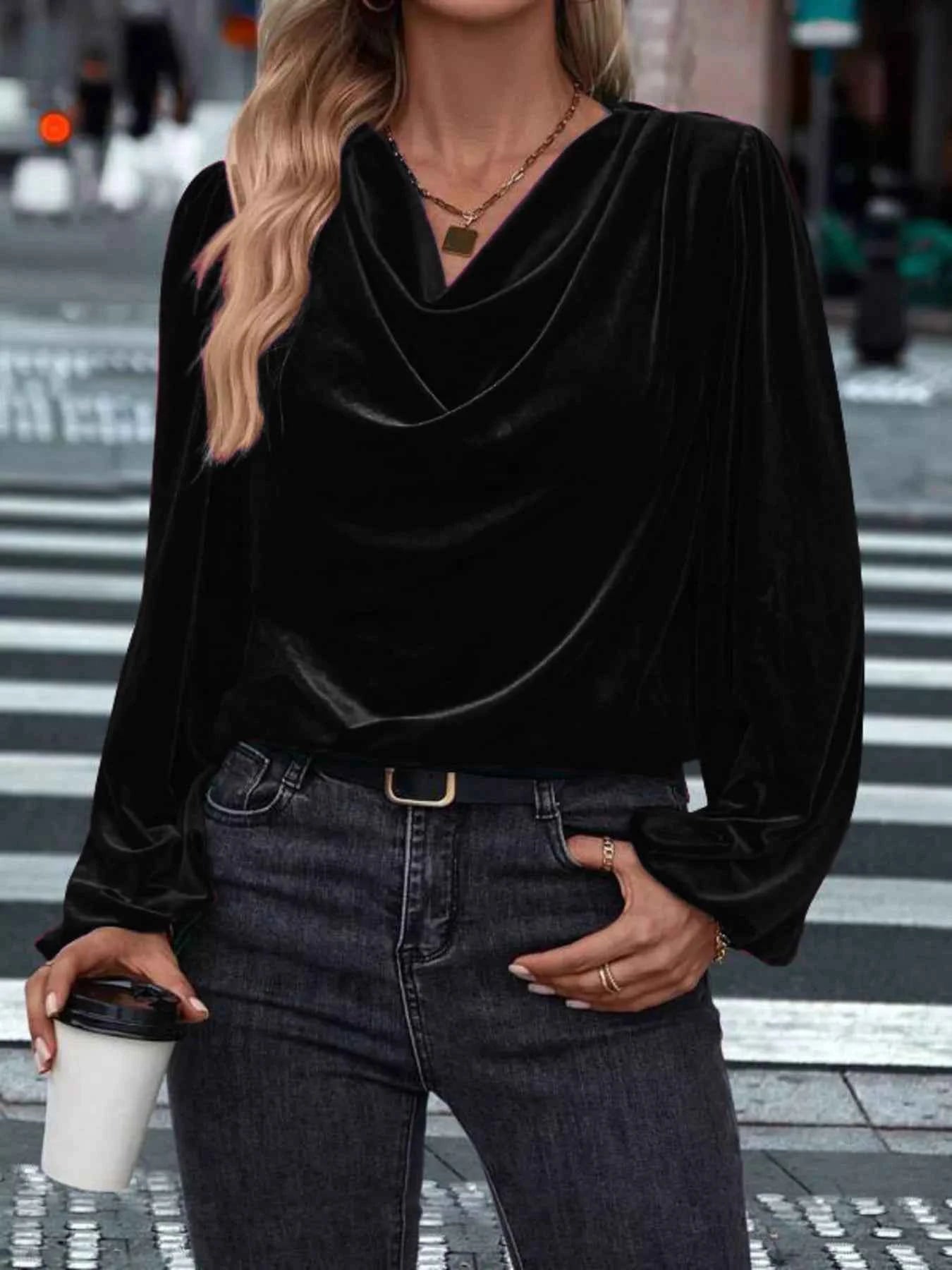 Velvet Cowl Neck Long Sleeve Blouse