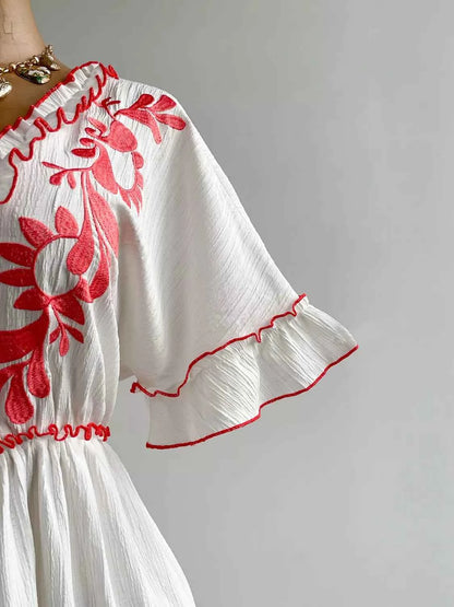 Plus Size Front Tie Maxi Dress with Floral Embroidered