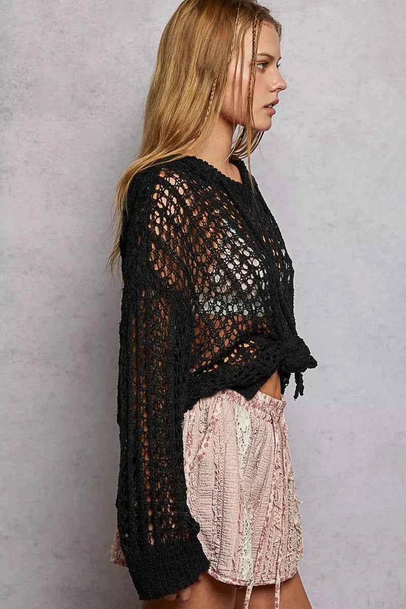 POL Openwork Round Neck High Low Knit Top