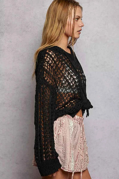 POL Openwork Round Neck High Low Knit Top