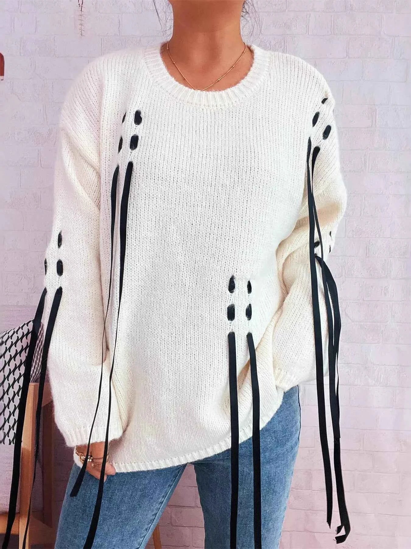 Round Neck Long Sleeve Sweater with Ribbon Details