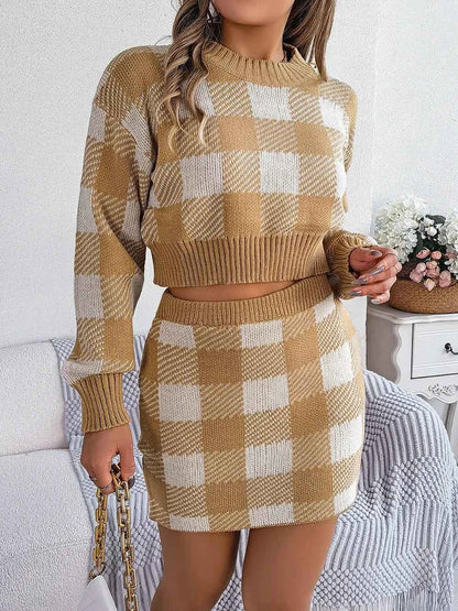 Plaid Round Neck Top and Skirt Sweater Set