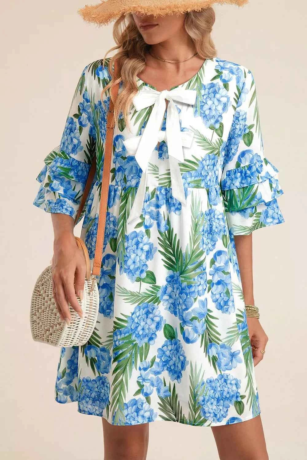 Palm Floral Print Contrast Ribbon Knot Ruffle Tiered Sleeve Mini Dress