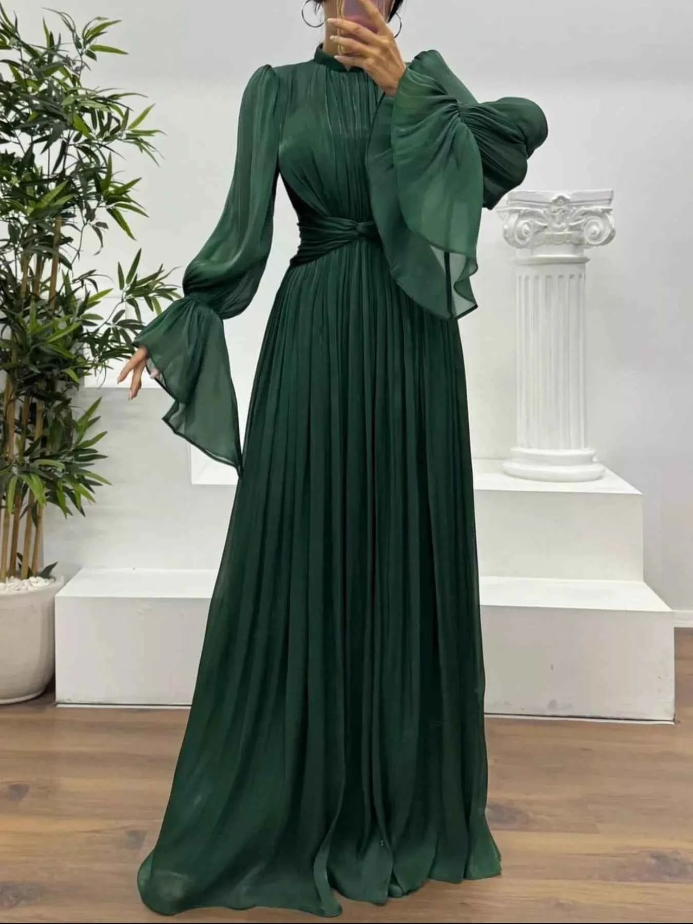 Pleated Mock Neck Long Sleeve Maxi Dress