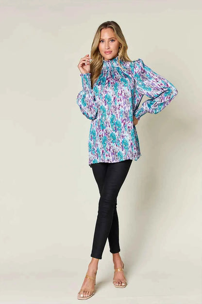 Double Take Full Size Printed Smocked Long Sleeve Blouse